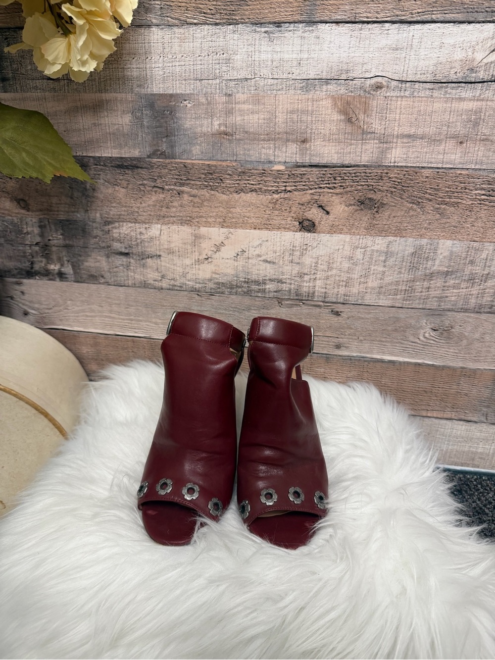 Coach Burgundy Peep-Toe Ankle Booties with Metal Eyelet Detail